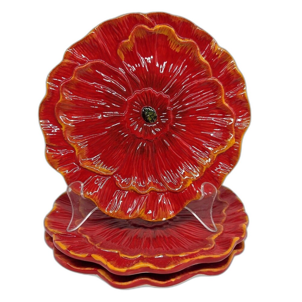 Pier 1 Poppies Set Of 3 Red 8" Embossed Plates GUC